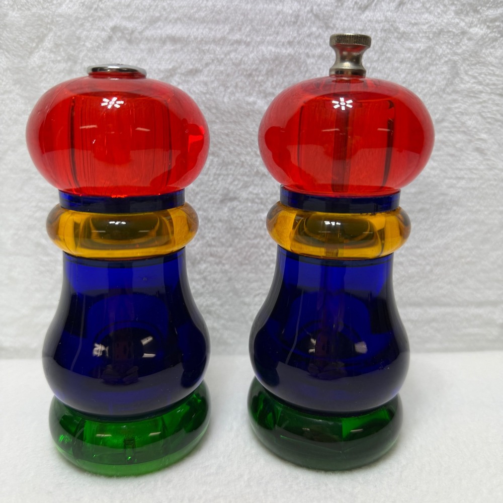 Old Thompson Multi Color Lucite Salt Shaker and Pepper Mill Set Sunset Fiesta